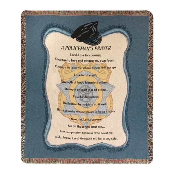 Blue woven blanket with a police prayer and badge graphic