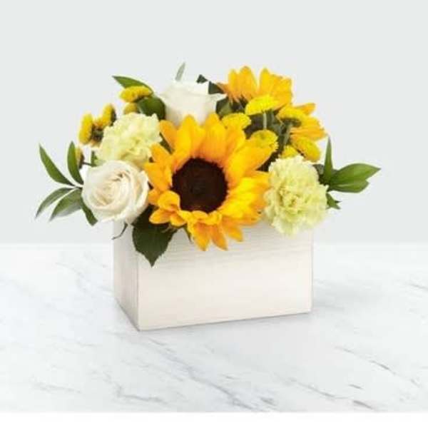 Sunflower and white rose arrangement in a white box