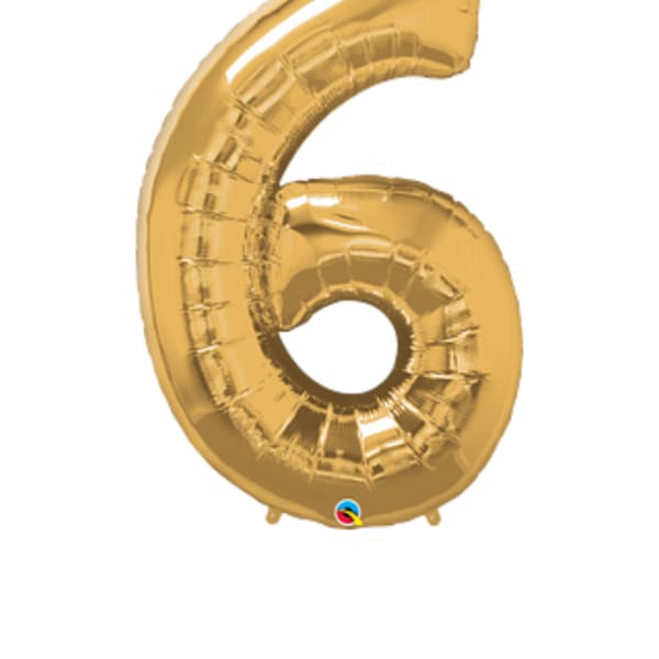 Gold foil balloon shaped like the number 6