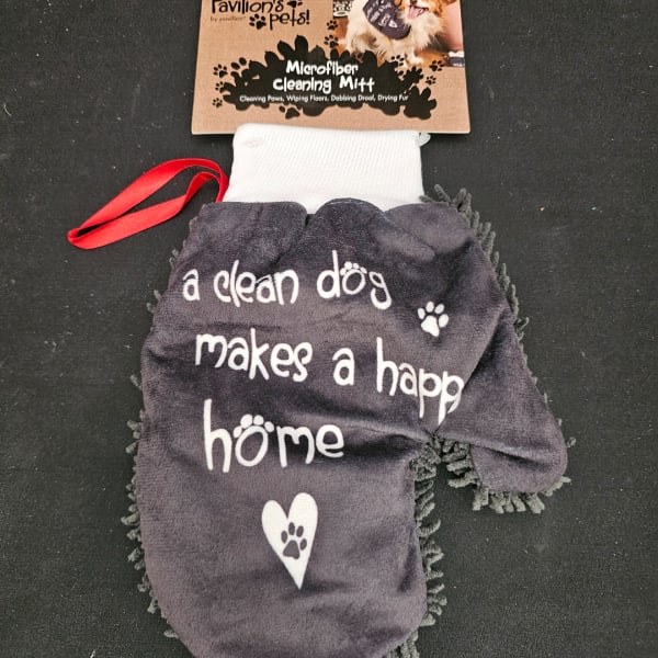 Dog-shaped microfiber cleaning mitt with a red ribbon and packaging