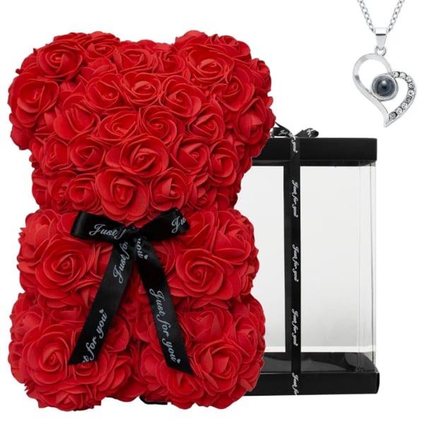 Red rose teddy bear with a black ribbon and heart necklace gift box
