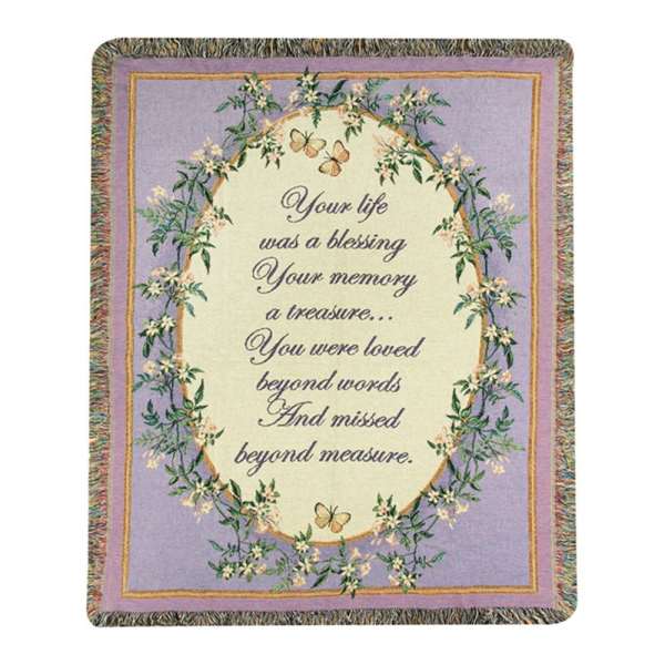Lavender memorial throw blanket with floral border and sympathy message