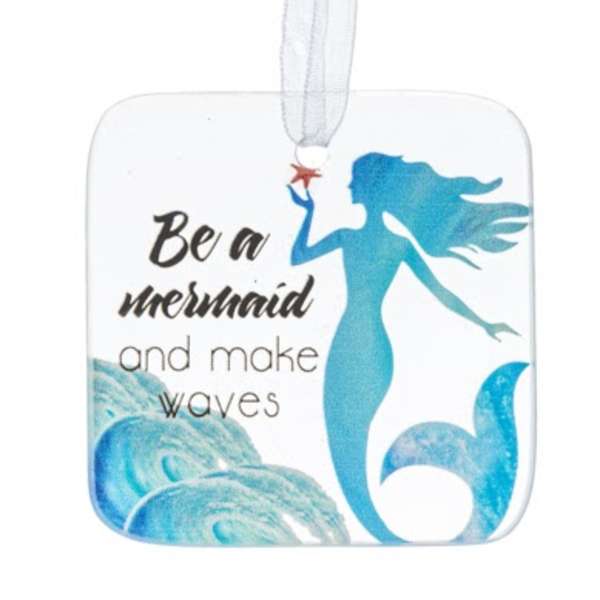 Mermaid-themed hanging ornament with blue text and waves