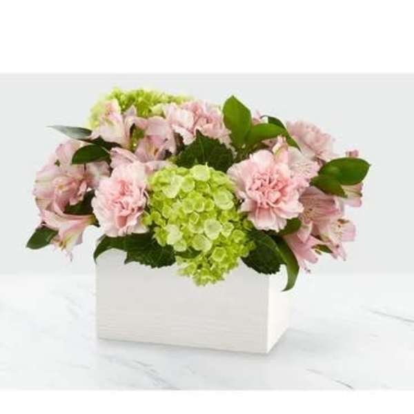 Pink flowers and green hydrangeas arranged in a white box