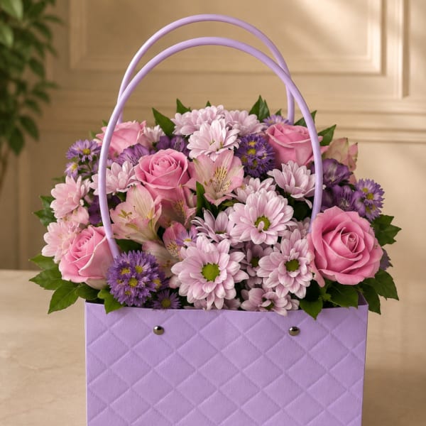 Pink and purple flower arrangement in a lavender basket