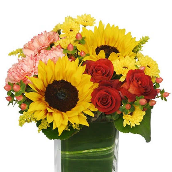 Compact arrangement of sunflowers, red roses, and mixed blooms in a clear rectangular glass vase with leaf wrap.