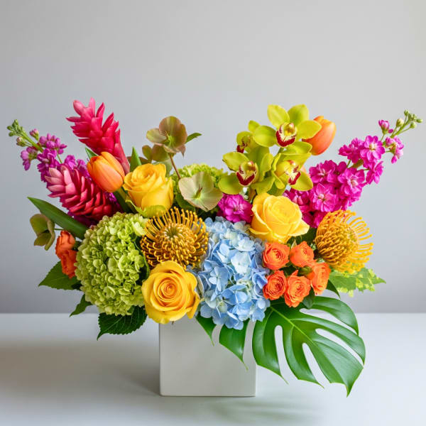 Colorful mixed flower arrangement in a white square vase