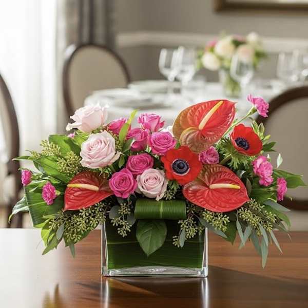 Pink roses and red anthuriums arranged in a clear square vase