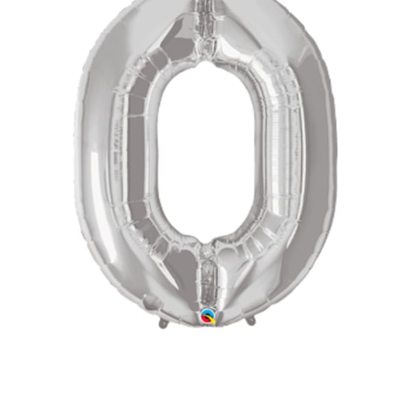 Silver foil balloon shaped like the number 0