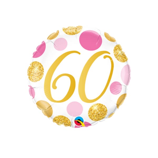 Round balloon with a gold "60" and pink and gold polka dots