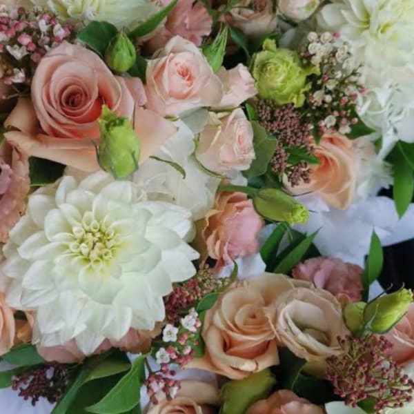 Bouquet of blush roses and white dahlias with small filler flowers