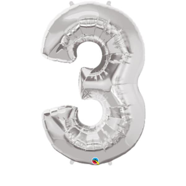 Silver foil balloon shaped like the number 3