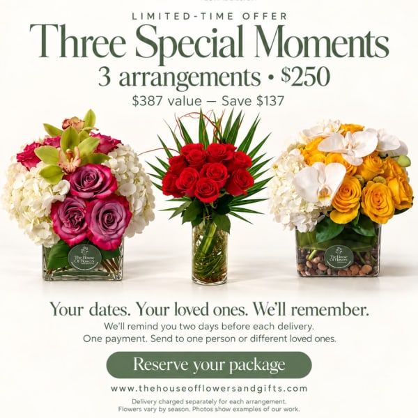 Three floral arrangements in glass containers with roses, orchids, and hydrangeas