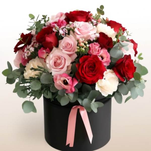 Bouquet of red and pink roses in a black hat box with a pink ribbon