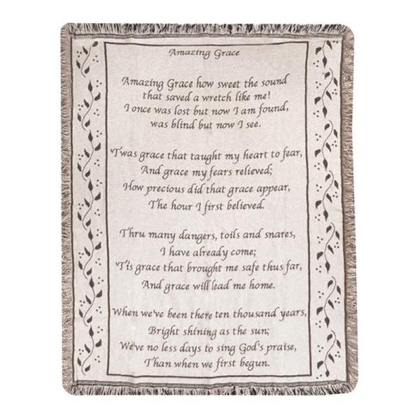 Fringed throw blanket with the text of Amazing Grace printed on it