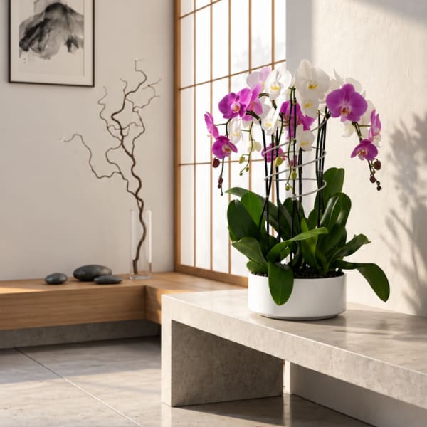 Potted orchids with pink and white blooms in a white planter