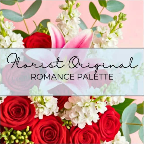 Romance palette floral design with red roses and pink lilies on a pastel background