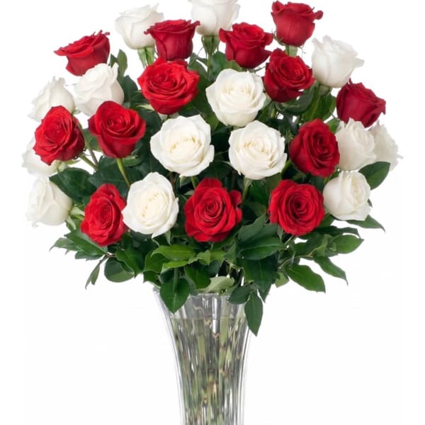 Red and white roses arranged in a clear glass vase