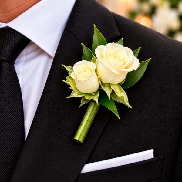 White rose boutonniere pinned to a black suit jacket