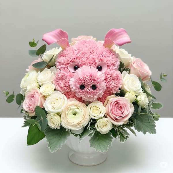 Pink pig-shaped floral arrangement in a white pedestal vase with roses