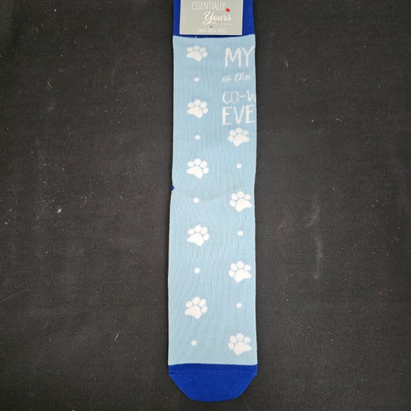 Light blue novelty sock with white paw prints and text