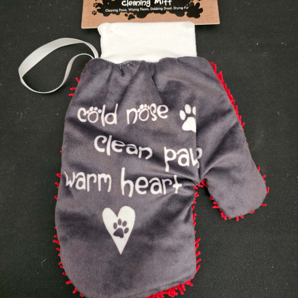 Pet-themed cleaning mitt with paw print text and a ribbon loop