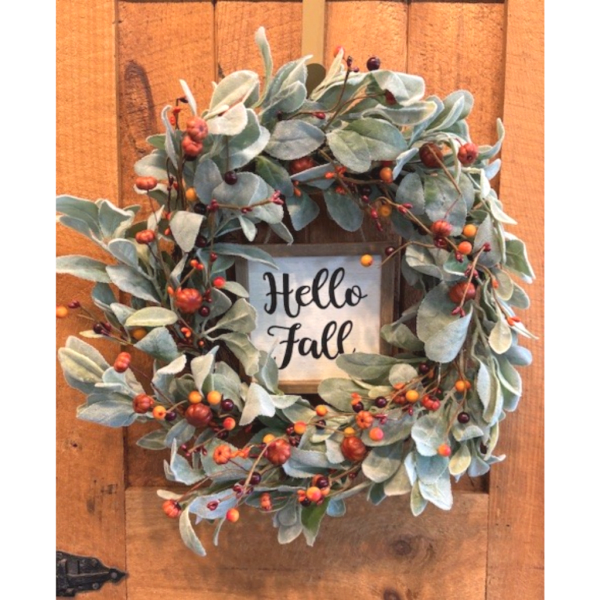 Fall wreath with berries and a "Hello Fall" sign