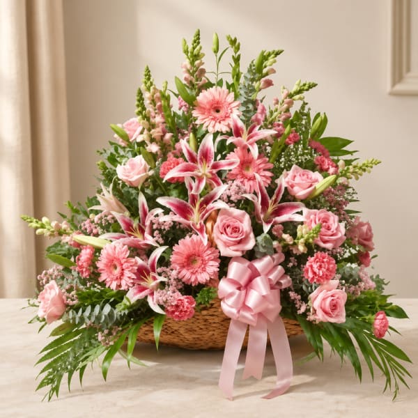 Pink floral basket arrangement with roses, lilies, and gerbera daisies