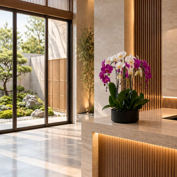 Potted orchids with white and purple blooms on a table in a modern interior
