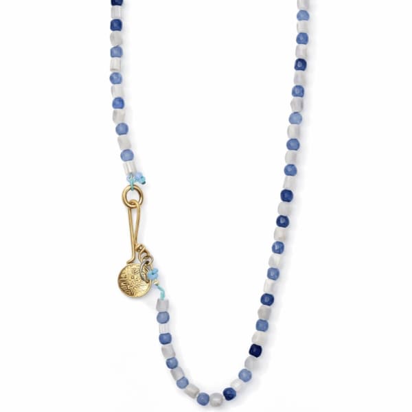 Blue and white beaded necklace with a gold clasp and charm