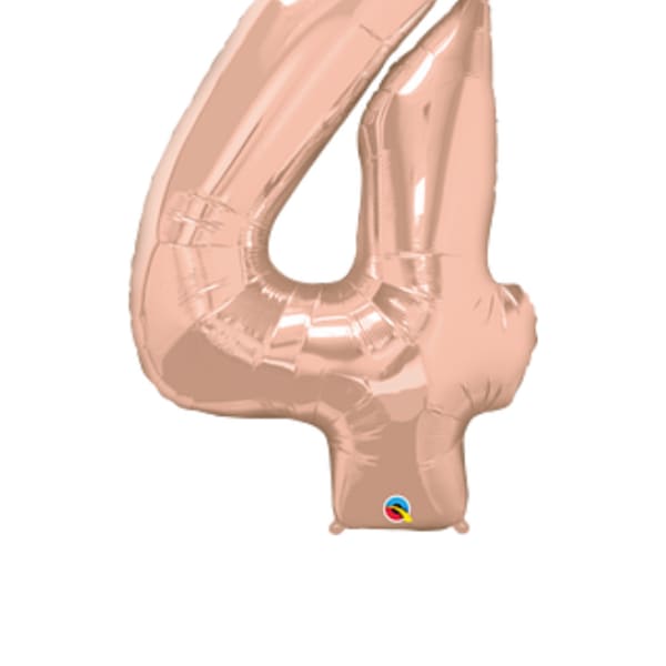 Rose gold foil balloon shaped like the number 4