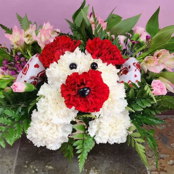 Dog-shaped floral arrangement made of red and white carnations with pink flowers around it
