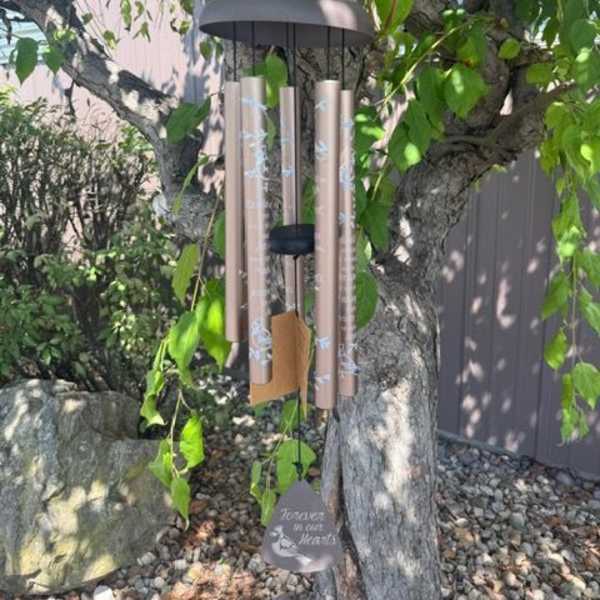 Wind chime hanging from a tree branch outdoors