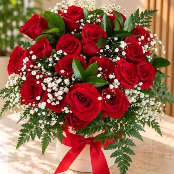 Red roses arranged in a white hatbox with baby's breath and a red ribbon