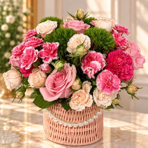 Pink and cream roses with carnations in a wicker basket