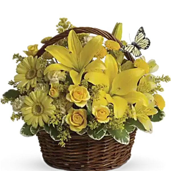 Yellow flowers arranged in a wicker basket with a butterfly accent