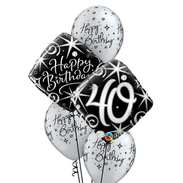 Cluster of black and white birthday balloons with a "40" balloon