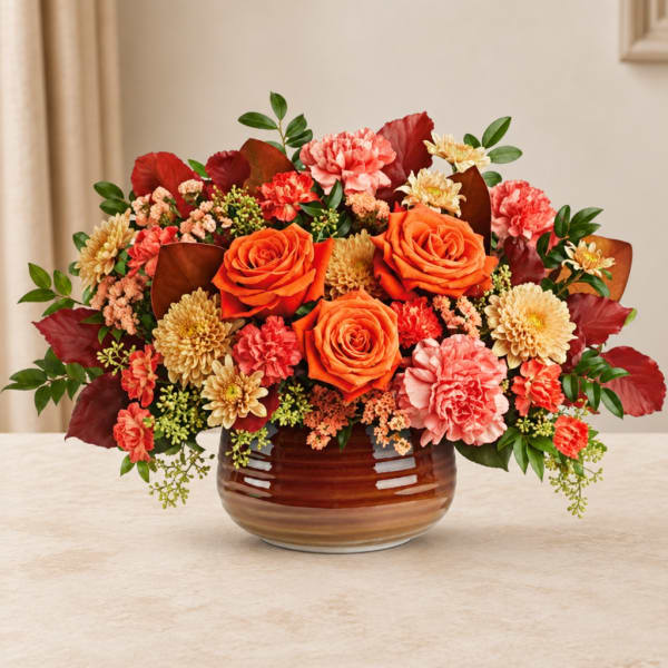 Orange roses and pink carnations in a brown ceramic vase