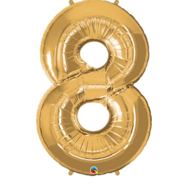 Gold foil balloon shaped like the number 8
