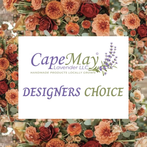 Designer’s choice floral graphic with orange and red blooms and a lavender logo