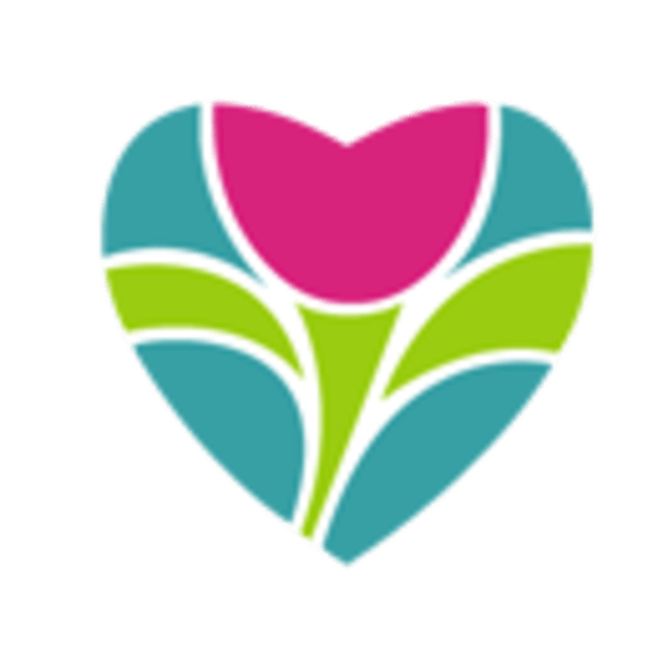 Colorful floral heart logo on a green background