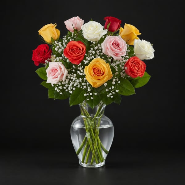 Mixed roses in a clear glass vase with baby's breath