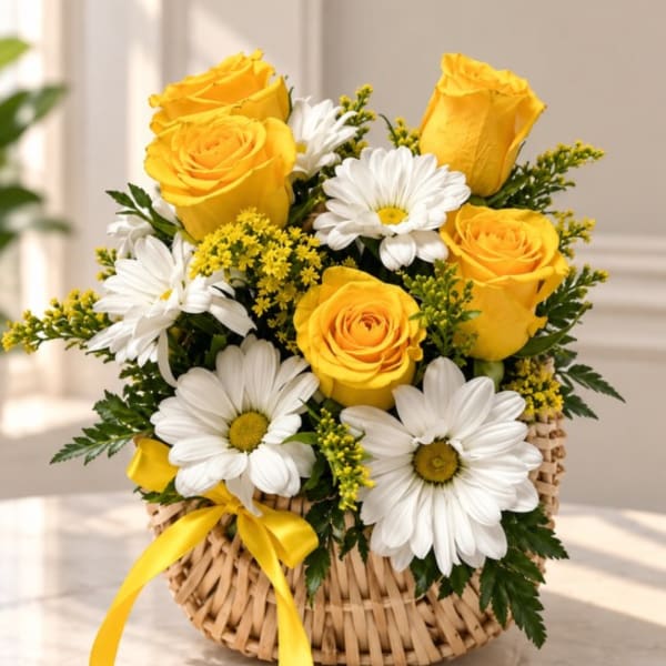 Yellow roses and white daisies in a woven basket with a yellow ribbon