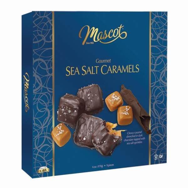 Box of sea salt caramels in blue packaging