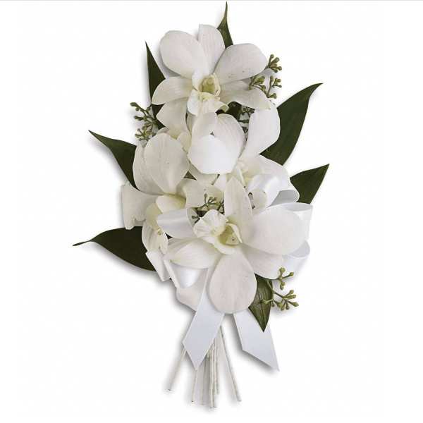 White orchid bouquet with dark green leaves and a white ribbon