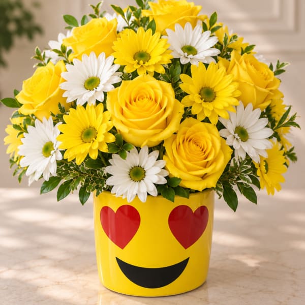Yellow roses and white daisies in a yellow emoji vase