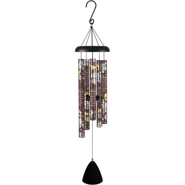 Hanging memorial wind chime with printed tubes and a black clapper