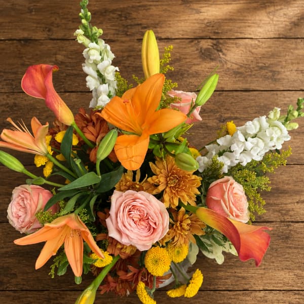 Orange Lily and Pink Rose Arrangement in White Bucket