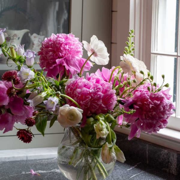 Loose arrangement of pink peonies and white blooms in a clear glass vase on a countertop.