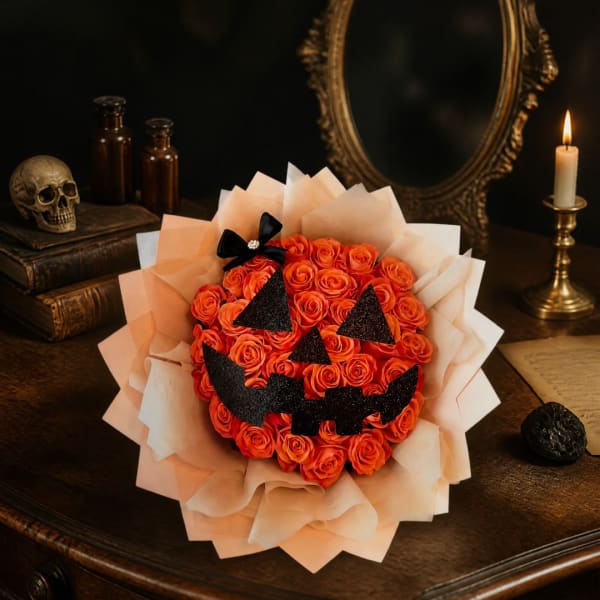 Orange rose bouquet with a jack-o'-lantern face and peach wrap
